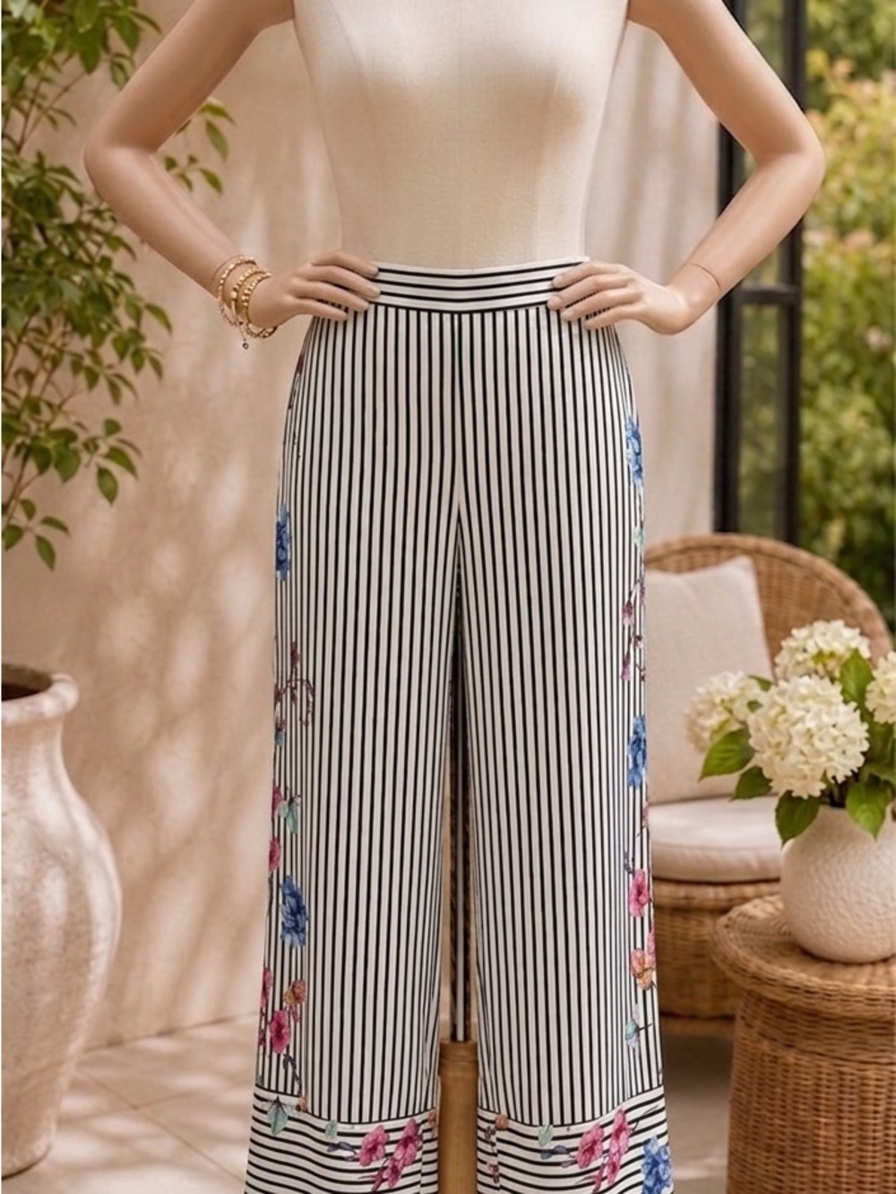 Striped Wide-Leg Pants with Floral Side Panels - Black & White Ladies L (12-14)